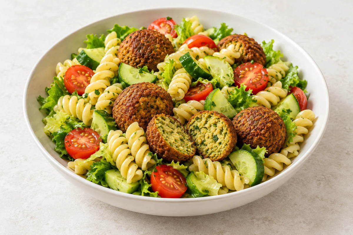 AI-genereret illustrationsbillede af pastasalat med falafel, pasta og grønt. — AI-illustration