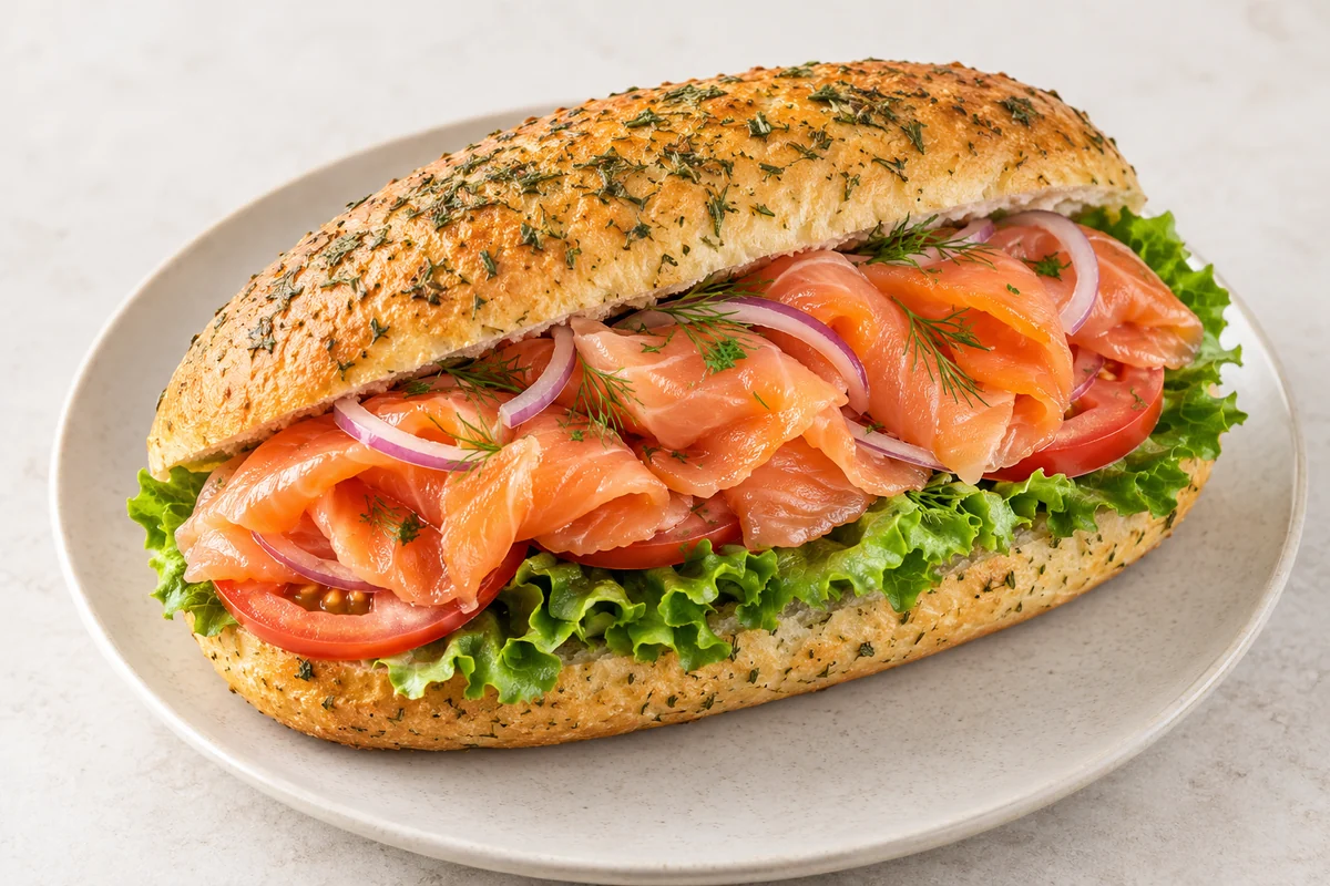 AI-genereret illustrationsbillede af luksussandwich med laks, salat, tomat og løg i urtebrød. — AI-illustration