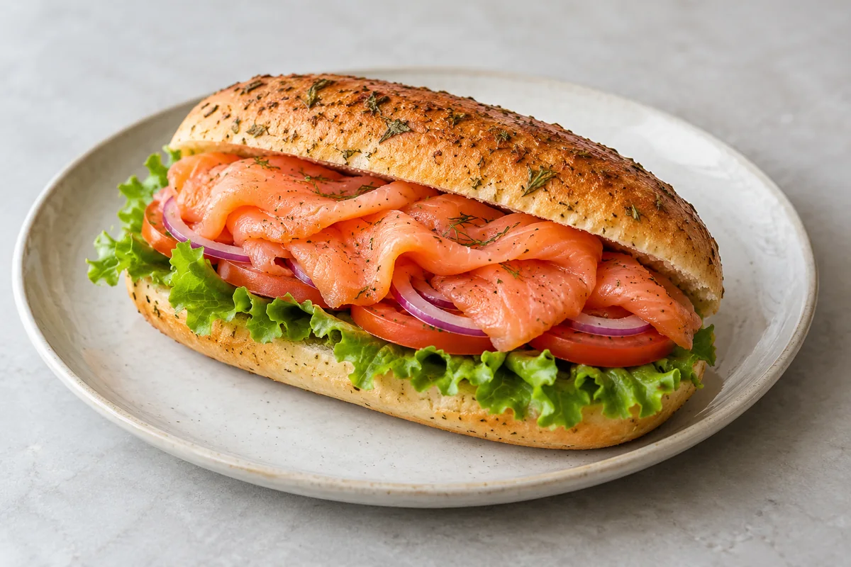 AI-genereret illustrationsbillede af luksussandwich med laks, salat, tomat og løg i urtebrød. — AI-illustration