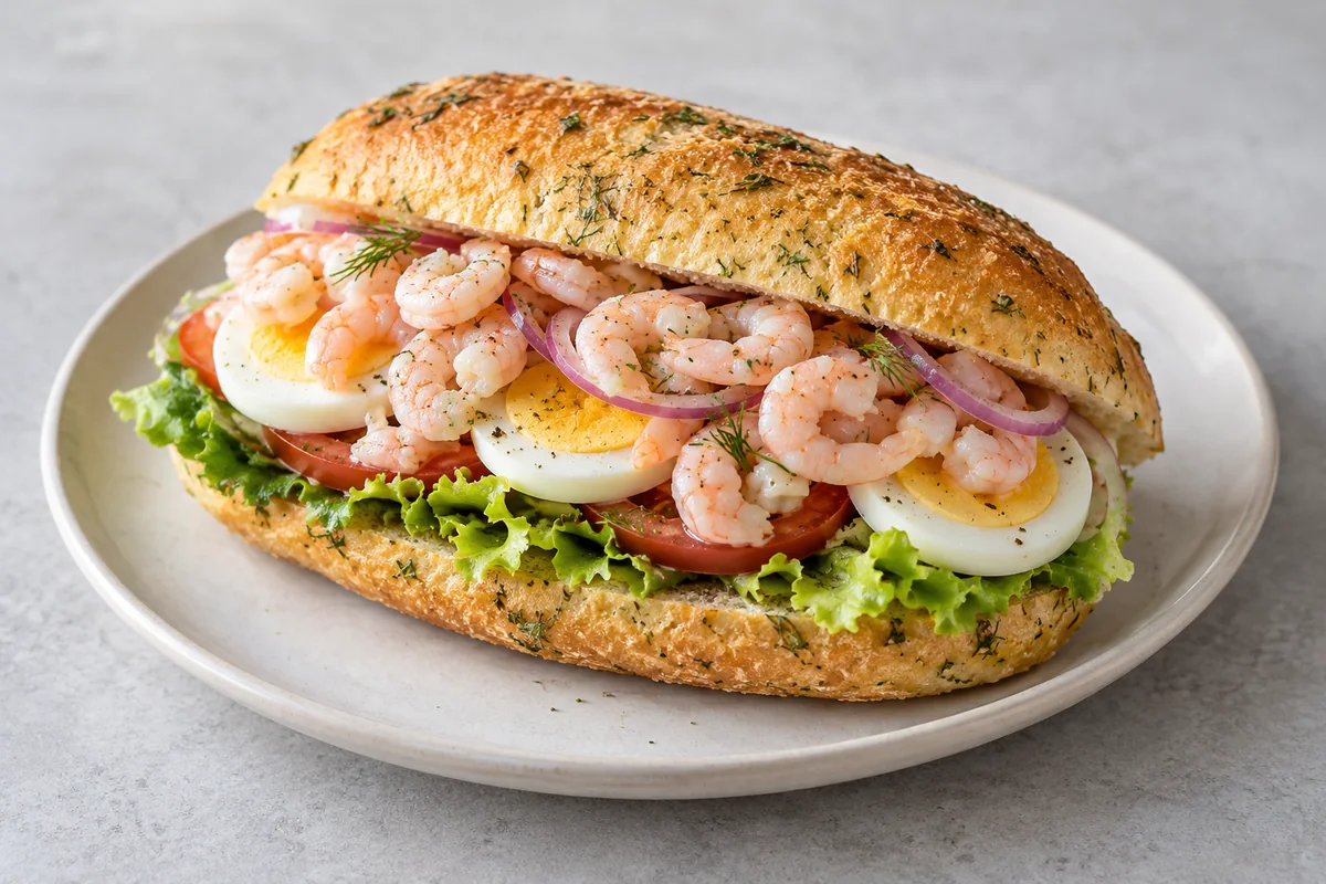 AI-genereret illustrationsbillede af luksussandwich med æg og rejer, salat, tomat og løg i urtebrød. — AI-illustration