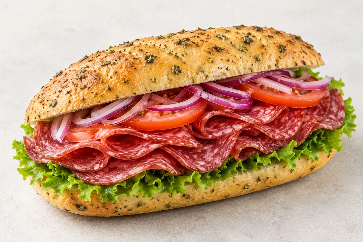 AI-genereret illustrationsbillede af luksussandwich med salami af oksekød, salat, tomat og løg i urtebrød. — AI-illustration