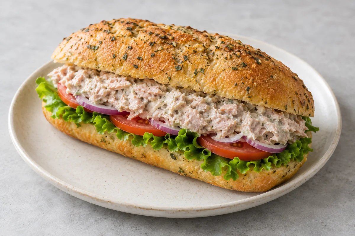 AI-genereret illustrationsbillede af luksussandwich med tunmousse, salat, tomat og løg i urtebrød. — AI-illustration