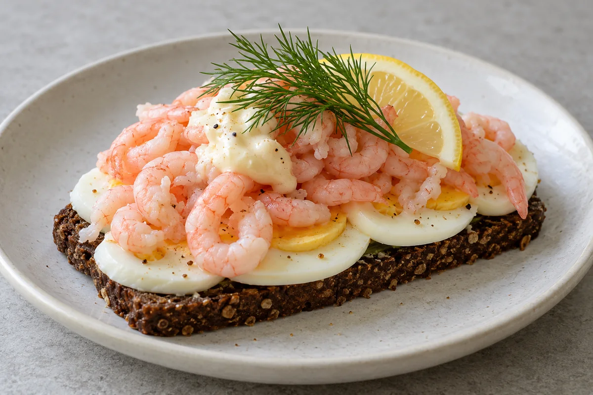 AI-genereret illustrationsbillede af luksussmørrebrød med æg og rigeligt med rejer på rugbrød.